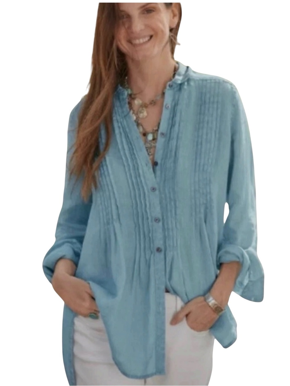 Sundance Katina Blue Linen Shirt w/ Long Sleeves & Pin-tuck Details - Medium